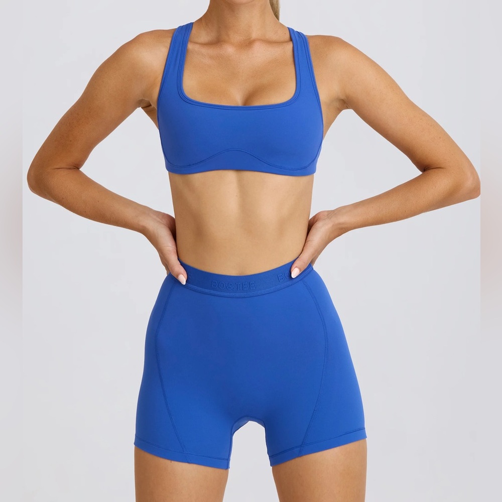 Bo + Tee cobalt blue active set, biker shorts and sports bra